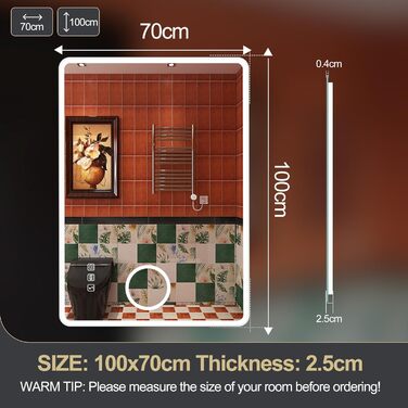 Дзеркало для ванної кімнати S'bagno з підсвічуванням 80x60 см, LED, Bluetooth, 5x лупа, протитуманне покриття, 3 кольори, регулювання яскравості, пам'ять налаштувань, загартоване скло, IP44, горизонтальне/вертикальне встановлення