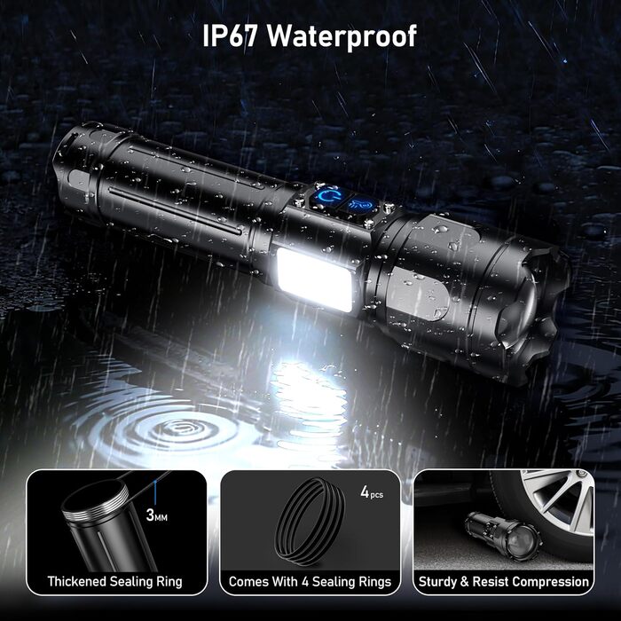 Ліхтар Blukar LED з двома температурами світла, бічним COB-підсвічуванням, регулюванням яскравості та зумом, акумуляторний, водонепроникний, 7 режимів, чорний