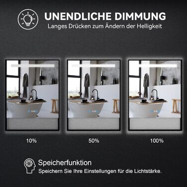 Дзеркало для ванної кімнати YU YUSING 80x60 см з підсвічуванням LED, 3 кольори світла, регулювання яскравості, антизапарник, сенсорне управління, таймер, загартоване скло, IP44 (чорний з полицею)