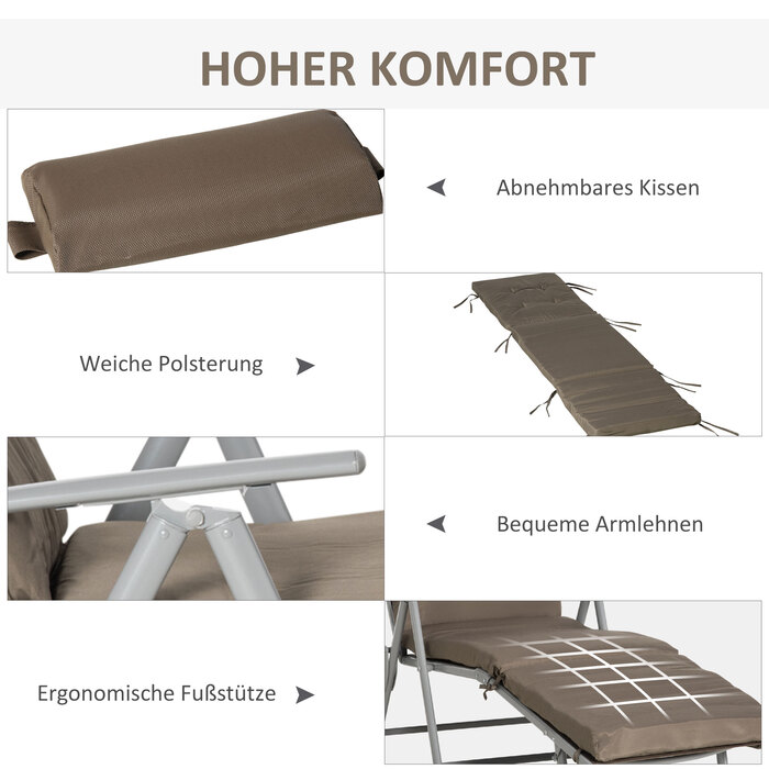 Outsunny Sun Lounger Садовий шезлонг складний регульований з подушкою коричневий сріблястий 137x63.5x100.5см для пляжу та саду