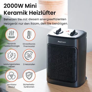 Про Breeze 2000W керамічний міні-нагрівач з холодною функцією та 3 рівнями потужності - для офісу, вітальні, спальні або тераси - Чорний