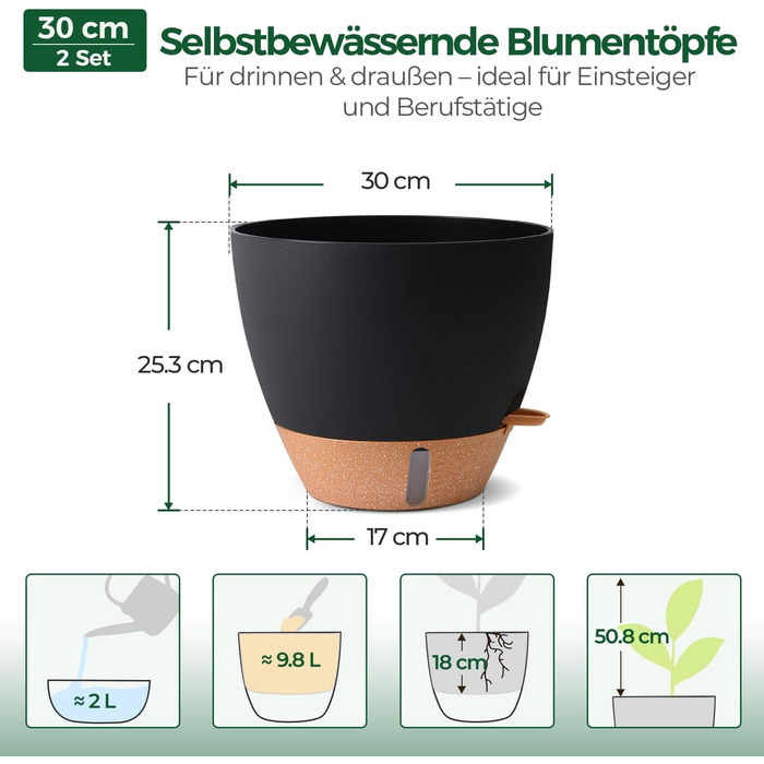 Набір з 4 самополивних горщиків T4U з індикатором рівня води, 30 см, чорний, для дому та саду