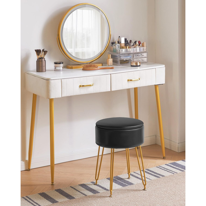 Пуф-табуретка IBUYKE з велюру, круглої форми, з м'якою оббивкою, на золотих металевих ніжках, чорного кольору, з PU-підсидінням для зберігання, модель L/G-30P