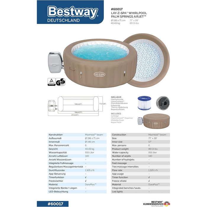 Надувний гідромасажний басейн-джакузі Bestway Lay-Z-Spa AirJet Palm Springs з LED-підсвіткою на 6 осіб, 196 x 66 см