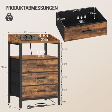 Приліжкова тумбочка Hzuaneri з LED-підсвіткою та функцією зарядки, 3 висувні ящики з тканини, USB-порти та розетки, для спальні/вітальні, чорний/коричневий, NS36301BEU, 1 шт.