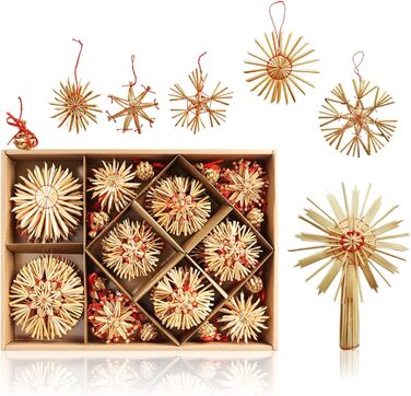 Набір з 69 солом'яних зірок COM-FOUR для ялинки, підвіски з соломи, верхівка, новорічний декор 3-17 см