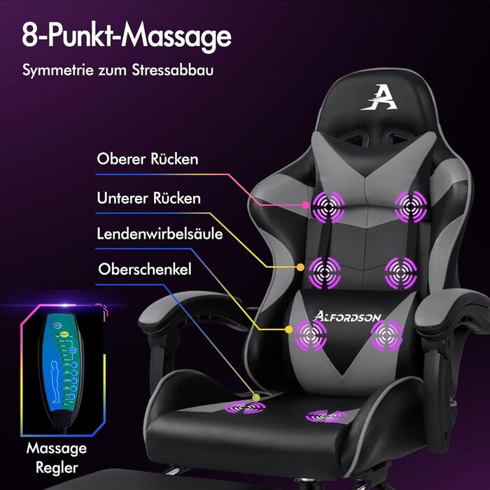 Ігровий крісло ALFORDSON з підніжкою, масажем та регулюванням на 150°, чорний (серія Eryx)