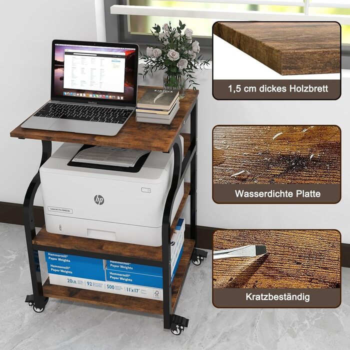 Регульований стіл для принтера PUNCIA з 3 ящиками та колесами. Мобільний візок для принтера з дерева та металу (60 x 50 см, Retro)