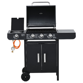 Газовий гриль Outsunny BBQ на коліщатках з 3 пальниками та 1 бічним пальником, редуктор та шланги, багатофункціональний, сталь, чорний, 110x50x100 см