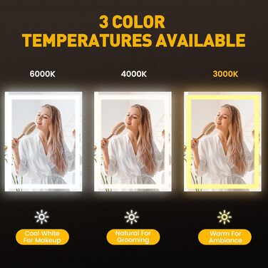 Дзеркало для ванної кімнати YOLEO з підсвічуванням 90x70 см, LED дзеркало з переднім та заднім освітленням, дзеркало з пам'яттю, 3 регульовані кольори світла, антизапарник 90x70 см