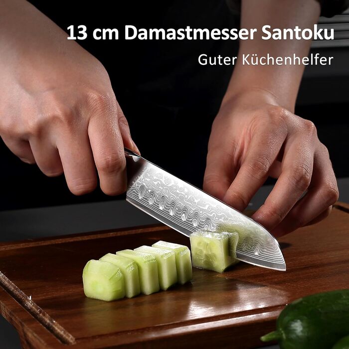 Японський ніж Santoku PAUDIN з дамаської сталі 13 см - професійний кухонний ніж для кухні, надзвичайно гострий, з ергономічною ручкою G10