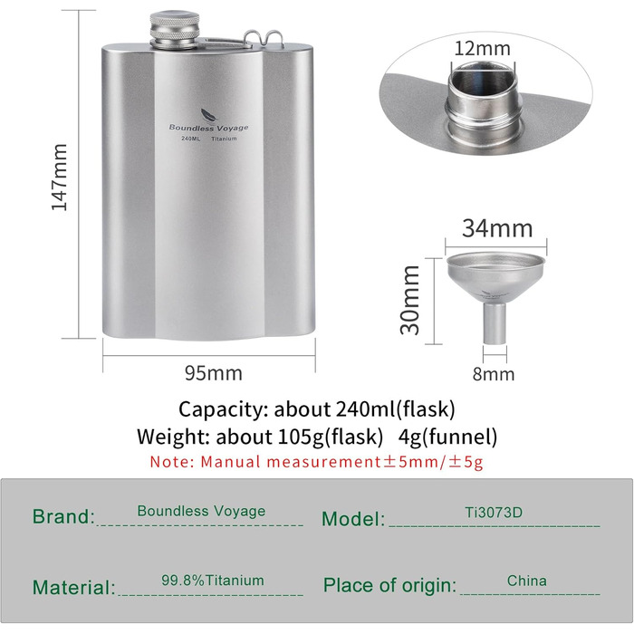 Фляга з титану iBasingo 180 мл - Ultraleichter Flachmann для алкоголю, подорожей, кемпінгу. Ti3071D