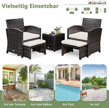 Садовий набір меблів GIANTEX 5 предметів ротанг: 2 крісла, 2 пуфи, столик - для балкона та саду з білими подушками