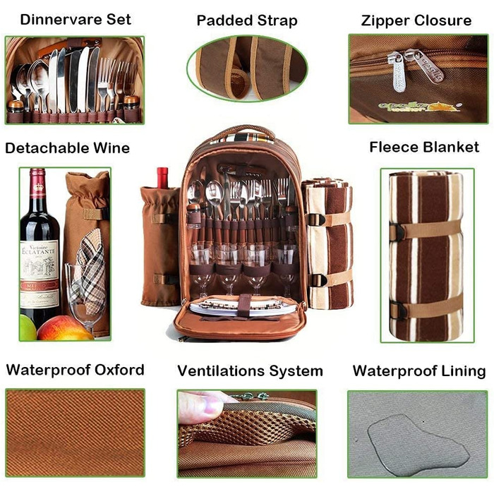Рюкзак для пікніка Hap Tim на 4 особи з термосумкою, віднімним утримувачем для пляшок/вина, флісовою ковдрою, тарілками та набором столових приборів. Ідеально для відпочинку на природі, спорту, піших прогулянок, кемпінгу та барбекю. Brown (EU-3065)