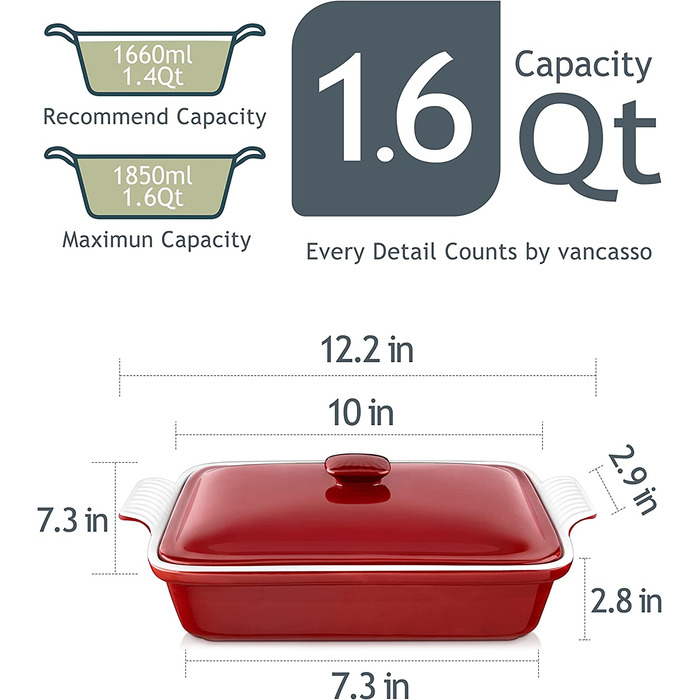 Глиняна форма для пирогів, прямокутні форми для випічки vancasso з кришками, форма для випічки BLOSSOM серії 1, вишнево-червона, 1850 мл, 31,5 x