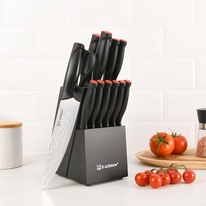 Набір кухонних ножів Katisun 16 шт. з японської сталі, з підставкою, точилкою, дощечкою та ножицями. Набір ножів для нарізки, шинкування та різання, безпечний для миття в посудомийній машині (15 ножів, лазерне різання)