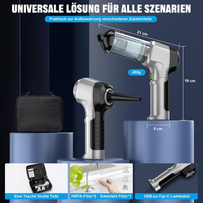 Акумуляторний ручний пилосос 4-в-1 для авто та дому, потужність 25000Па, бездротовий електроповітродув для прибирання шерсті, кухні та ПК, чорний