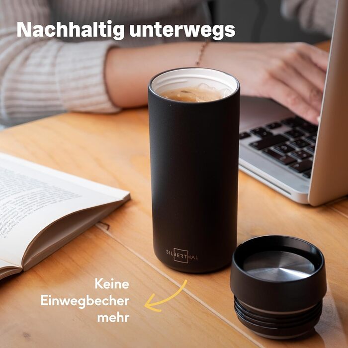 Термокружка SILBERTHAL 350 мл з нержавіючої сталі та керамікою – термокружка для кави з кришкою, що не протікає, чорного кольору – зберігає тепло до 6 годин та холод до 12 годин