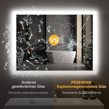 LED дзеркало для ванної кімнати 80x60 см з підсвічуванням, 3 кольори світла, регулювання яскравості, антизапарник, сенсорне керування, пам'ять, IP44, вологостійке, 6500K