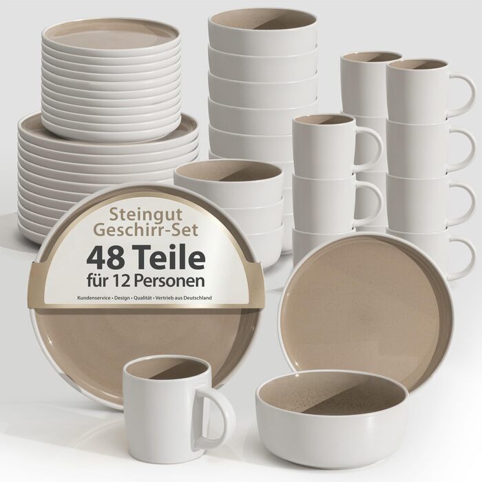 Набір посуду Hausfelder на 8 осіб (32 елементи) з каменю – сервіз для обіднього столу з тарілками, салатниками та чашками – миється в посудомийній машині, сучасний посуд, бежевий (Shadow Stone, 48 елементів)