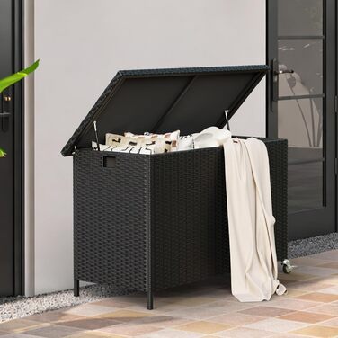 Водонепроникний садовий ящик Amopatio Gartenbox 480л з поліротангу, металевий ящик для подушок на колесах з газліфтом для саду та балкону (чорний)