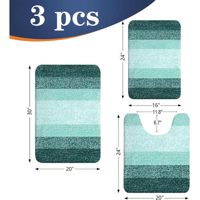 Набір килимків для ванної кімнати OLANLY: м'який, вбираючий, з мікрофібри, U-подібний килимок для унітазу, пухнастий набір килимків для ванної кімнати (76,2 x 50,8 см + 61 x 40,6 см + 61 x 50,8 см), 3 шт.