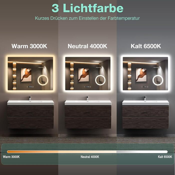 Дзеркало для ванної кімнати з LED-підсвічуванням GIMBELEN 80x60 см, прямокутне, сенсорне управління, регульована яскравість, 3 кольори світла, антизапарник, для вертикального/горизонтального монтажу