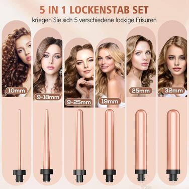 Набір для завивки волосся BESTOPE PRO 5 в 1 з LED-дисплеєм: 3 насадки, регулювання температури, рукавичка, 2 кліпси, рожеве золото