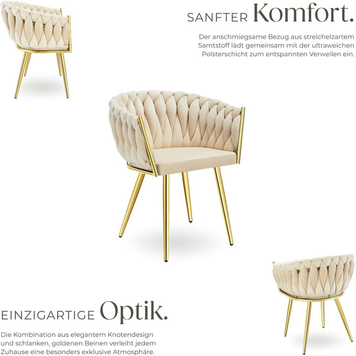 Тектейк® Оксамитовий стілець-чаша з підлокітниками, сучасний крісло-стілець для вітальні, їдальні, кухні, туалетного столика, комплект з 4 шт. Sand/Gold