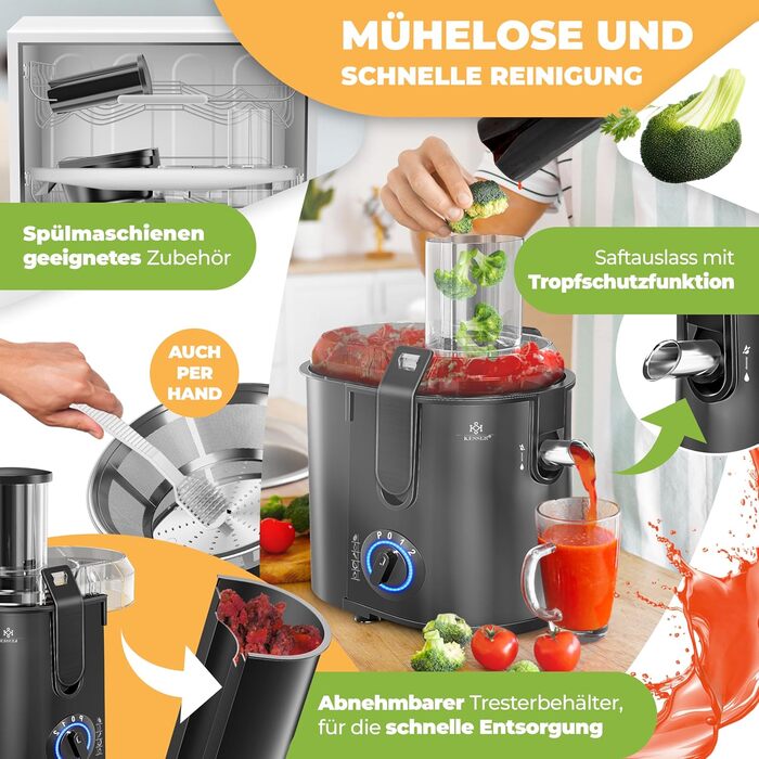 KESSER® Електрична центрифужна соковитискачка для фруктів та овочів з нержавіючої сталі, 1100W, велика завантажувальна воронка, 3 швидкості, сірий/сріблястий (чорний)