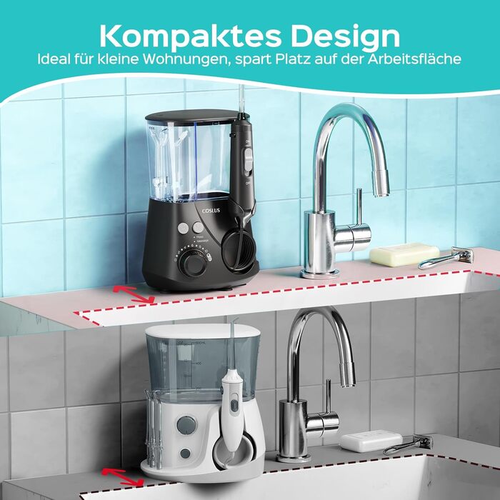 Електрична зубна душ COSLUS Munddusche Professional з 2 режимами та 12 рівнями тиску – 600 мл резервуар для води. Підходить для сімей, ентузіастів орального здоров'я та пацієнтів з ортодонтичними конструкціями. 5 насадок, чорний колір.