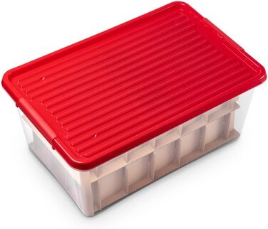 Коробка для прикрас Kreher X-Mas 40 літрів: ялинкові кулі, новорічний декор, з роздільниками (30 кульок). Прозора з червоним кришкою.