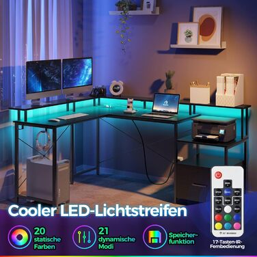 Комп'ютерний стіл Rolanstar L-подібний з розеткою та LED-підсвічуванням, 159 см, з підставкою для монітора та ящиком. Реверсивний ігровий стіл для офісу, кабінету, спальні, чорного кольору
