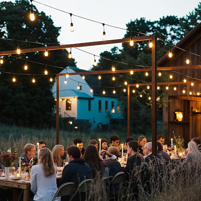 BRIMAX LED гірлянда для вулиці, 30 метрів, AC220-240V, IP44, 46+4 лампочки G40 E12 1W, 2200K тепле біле світло, розширювана, для кемпінгу, ярмарку, саду, вечірки