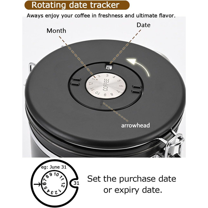 Герметична кавова банка з нержавіючої сталі, 1,8L, з датчиком дати, CO2-вентилем та мірною ложкою, для кави, чаю, горіхів, какао, чорна
