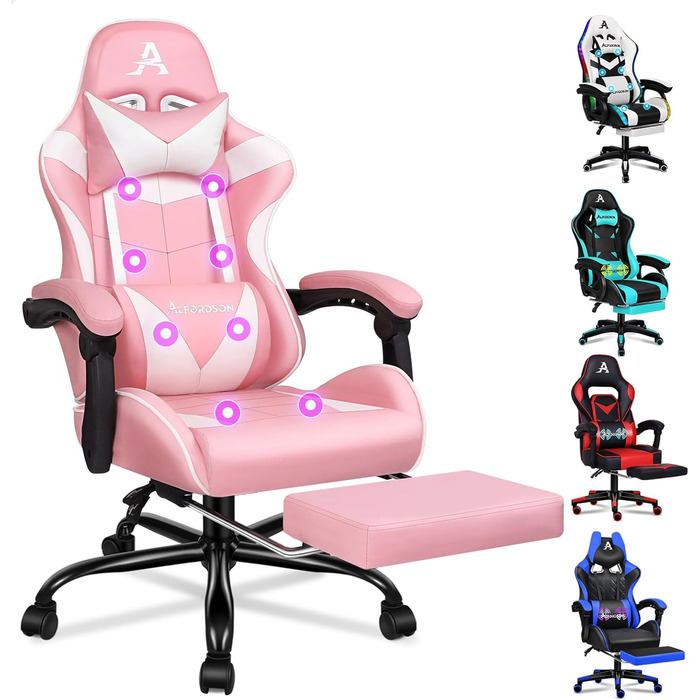 Ігровий крісло Alfordson з регульованою підніжкою, 8 точками масажу, нахилом 150°, PU-шкіра, чорний (Eryx - Рожевий, серія Eryx)