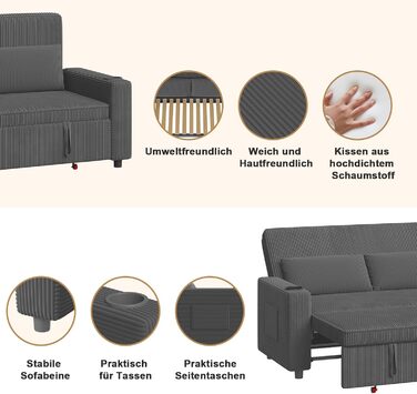 Диван-ліжко JUMMICO 2-місний розкладний сірий з подушками та підсклянниками для вітальні та спальні 75x160x93 см