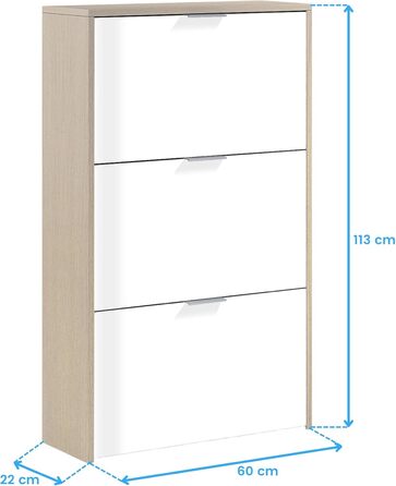 Стеллаж для взуття Habitdesign з 3 дверцятами, вузький, з білого глянцю та канадського дуба, 60x113x22 см