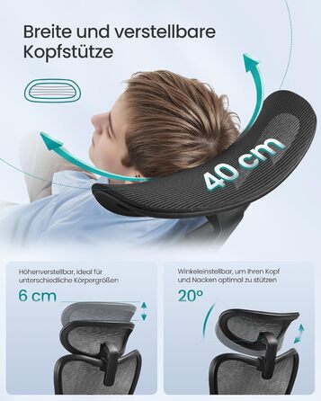 Офісний стіл SONGMICS: ергономічне крісло з регульованою поперековою та підголовною підтримкою, до 150 кг, регульована висота, чорний (OBN066GD01)