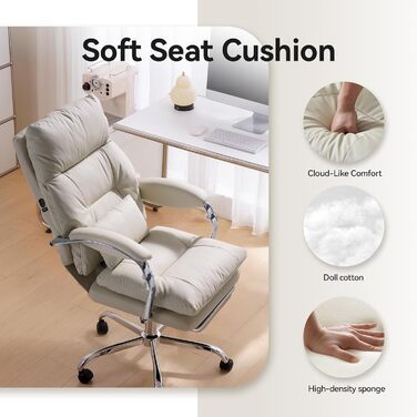 Крісло офісне EMIAH з підніжкою, комфортне крісло для роботи з підлокітниками, ергономічний крісло для начальника з PU шкіри та роликами, ігрове крісло з потовщеною подушкою, без функції масажу (Бежевий)