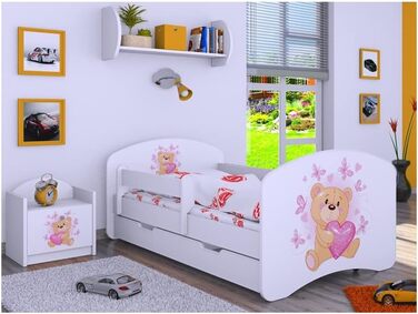 Дитяче ліжко з матрацом і ящиком для зберігання - НОВИНКА, 140/160/180/190 Різні мотиви для хлопчика білий (140x70, закоханий ведмідь)