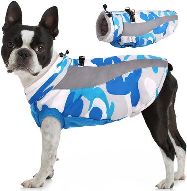 Зимова куртка для собак Kuoser, водонепроникна вітрозахисна тепла куртка для собак в холодну погоду, флісовий жилет камуфляж для домашніх тварин на блискавці, світловідбиваючий одяг для собак для маленьких середніх і великих собак з шлейкою синього кольор