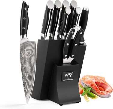 Набір кухонних ножів Дамаск з дерев'яним блоком, професійний набір кухаря, VG10, 67 шарів, преміум якість (9 предметів, чорний)