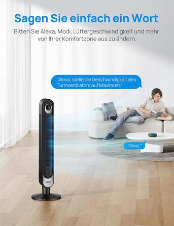 Вентилятор Dreo Smart Tower з голосовим керуванням WiFi, працює з Alexa, керування APP, безшумний вентилятор з дистанційним керуванням на 90, 6 швидкостей, 4 режими, 12-годинний таймер