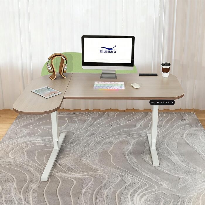 Електричний кутовий стіл з регулюванням висоти 150 см, L-подібний, з 4-ма пам'ятями, з'єднувальною панеллю, для дому та офісу (150x68 см, світло-коричневий/зелений)