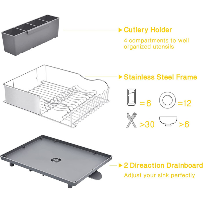 Сушарка з нержавіючої сталі KINGRACK, антикорозійна, 2-смугова дошка для крапельного зсуву, знімний 4-секційний тримач для посуду, сірий