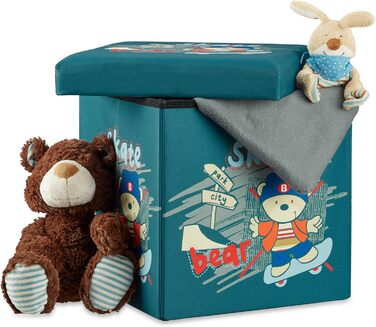 Табурет для дітей Relaxdays, складний, з місцем для зберігання, ящик для зберігання з кришкою, ВхШхГ 38 х 38 х 38 см, ведмедик