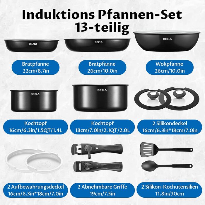 Набір антипригарних сковорідок BEZIA з суцільними ручками, для всіх плит, стакельне виконання, придатні для миття в посудомийній машині та духовці, без PFAS (сірий)