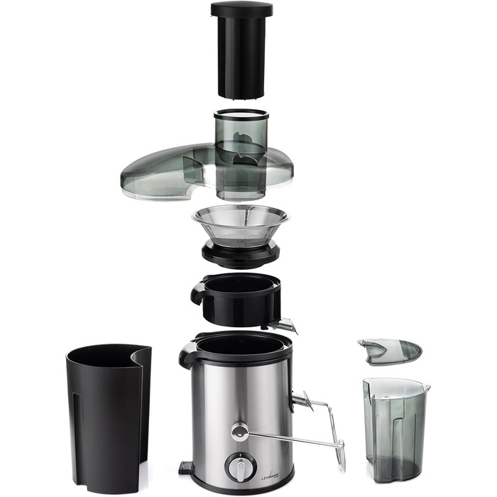Електрична соковитискачка Lehmann: соковиті напої з овочів та фруктів, 2 швидкості, нержавіюча сталь, 1,5л контейнер для жмиху, 450мл контейнер для соку