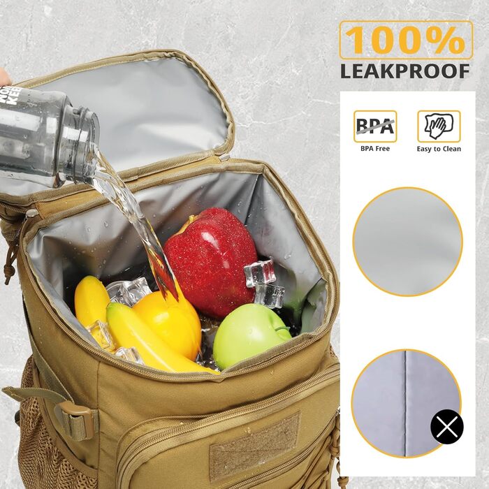 Тактичний холодильний рюкзак 25L – ізольований, водовідштовхуючий, міцний. Ідеальний для роботи, відпочинку, кемпінгу та піших прогулянок (Колір: Коричневий)